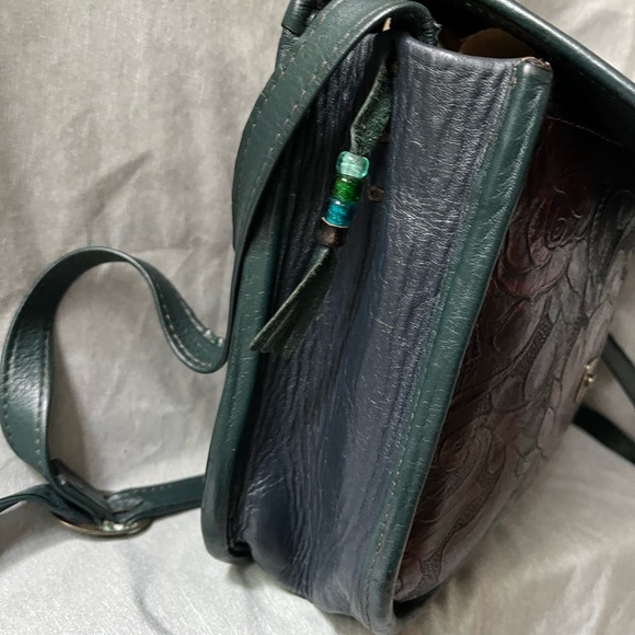 One of a Kind Handmade Rose Printed Leather Handbag Green and Red - Picture 3 of 11